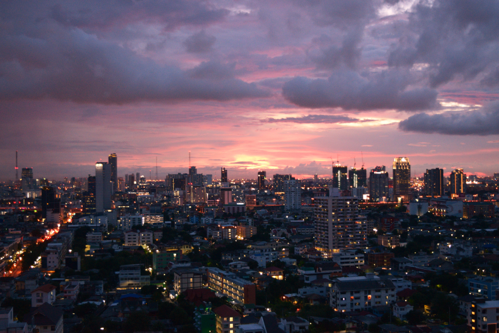 Aerial view of Ratchada in Bangkok at dusk. Living in Ratchada Bangkok has a more local feel to it.